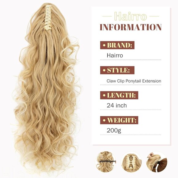 Claw Clip Ponytail Hair Extensions Synthetic Curly Wavy 24 Inch for Women - Picture 3 of 7